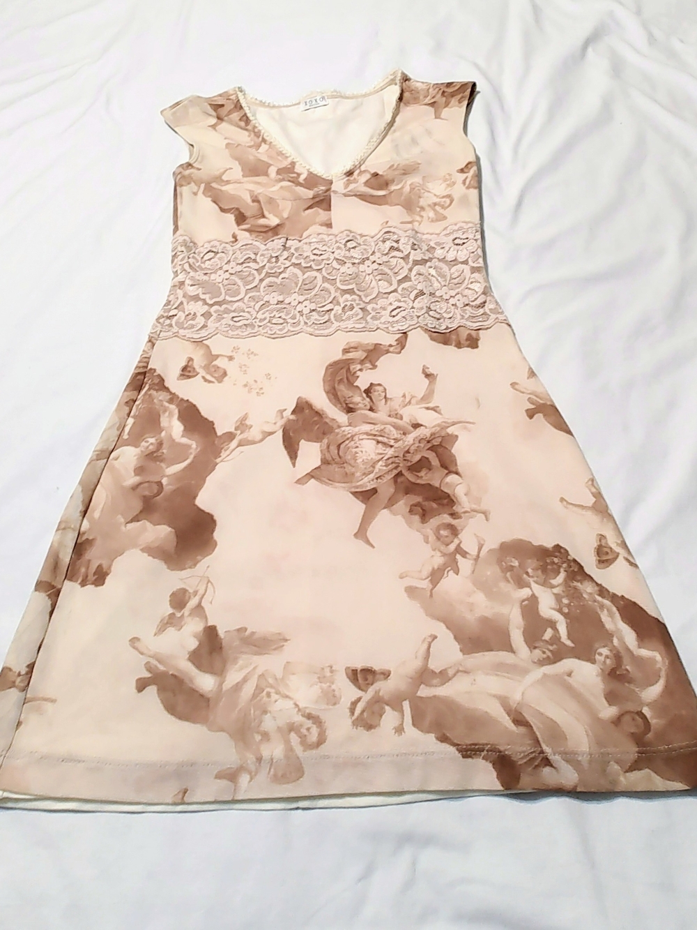 XOXO Vintage Y2K Cream and Brown Printed Lace Waist Mini Dress - Picture 3 of 5